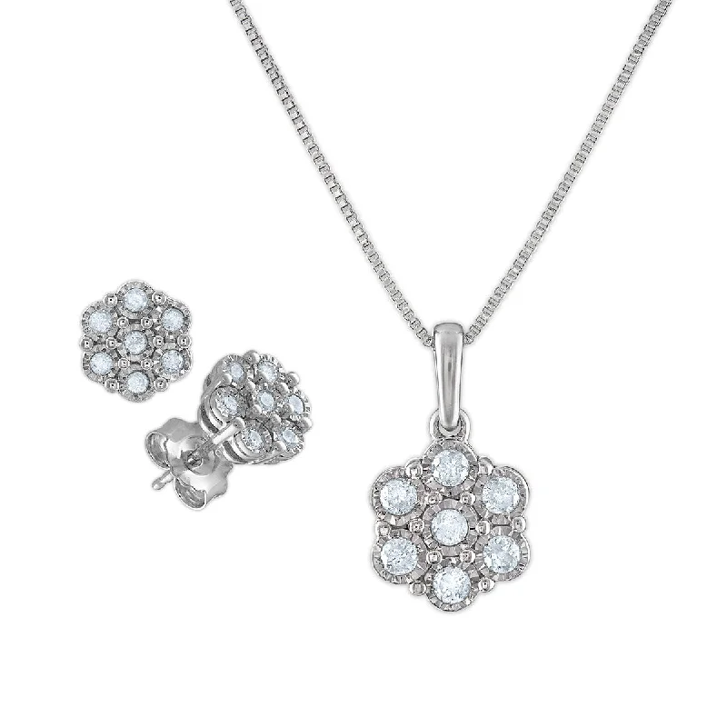 1/2 CTW Diamond Flower 18-inch Pendant Earrings Set in Sterling Silver