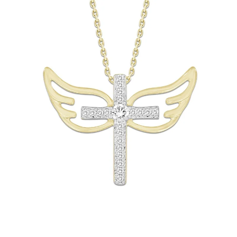 10KT Yellow Gold 1/10 CTW Diamond 15X20MM 18-inch Cross Angel Wings Pendant