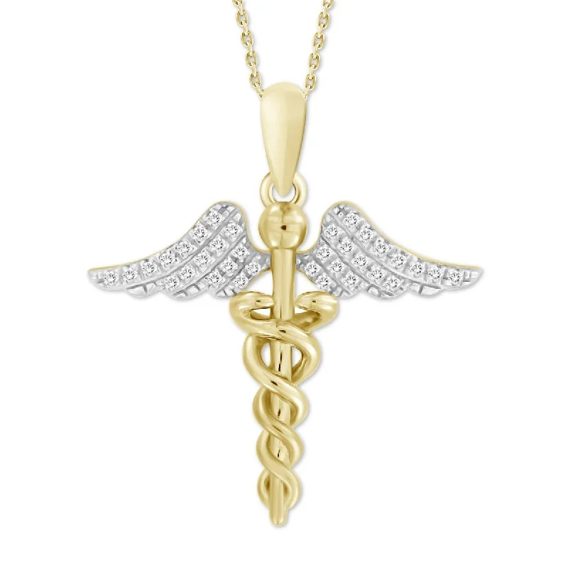 10KT Yellow Gold 1/10 CTW Diamond 24MM 18-inch Angel Wings Caduceus Nurse Pendant