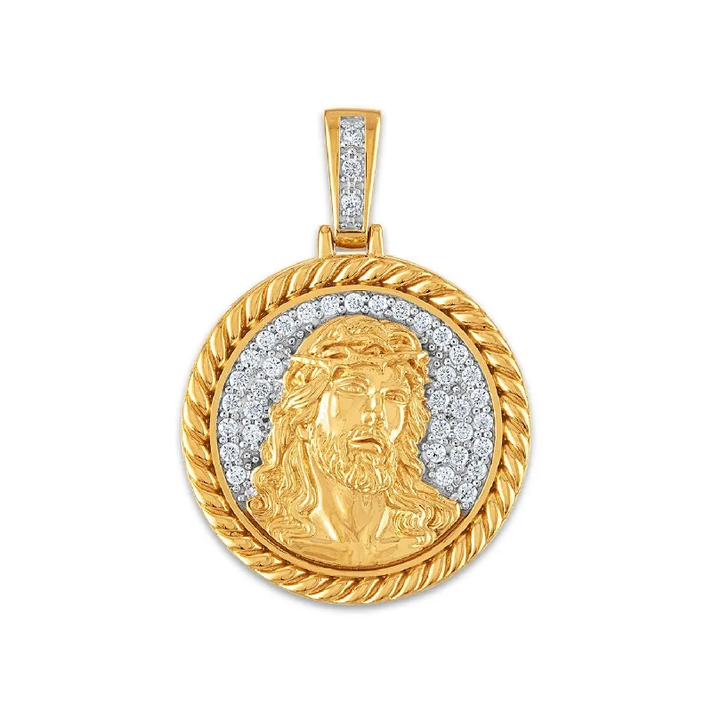 10KT Yellow Gold 1/2 CTW Diamond 25X35MM Jesus Christ Religious Pendant. Chain Not Included