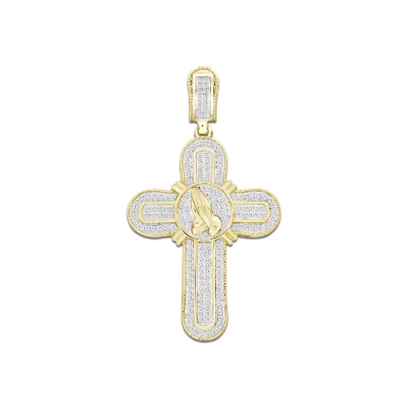 10KT Yellow Gold 1/2 CTW Diamond 47X26MM Praying Hand Cross Charm. Chain not Included