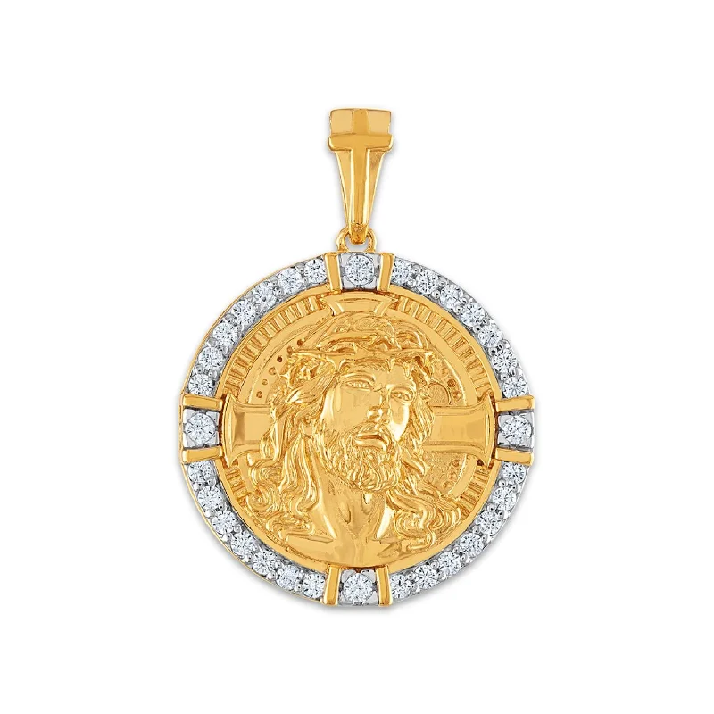 10KT Yellow Gold 3/4 CTW Diamond 25X35MM Jesus Christ Religious Pendant. Chain Not Included