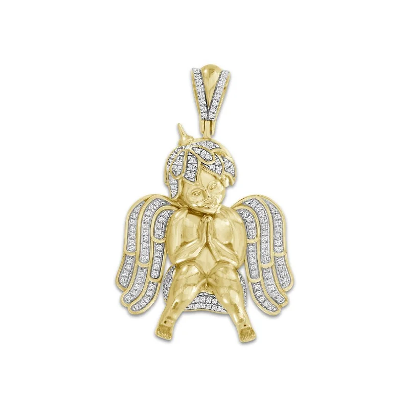 10KT Yellow Gold 3/8 CTW Diamond 44X27MM Praying Angel Cherub Charm. Chain not Included