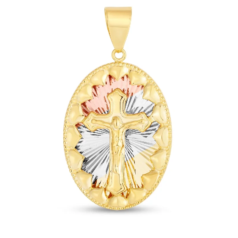 14KT Gold Tri-Color 39X20.8MM Religious Crucifix Cross Medal Pendant. Chain Not Included