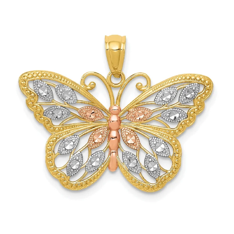 14KT Yellow Gold With Rhodium Plating 16X26MM Diamond-cut Butterfly Pendant-Chain Not Included