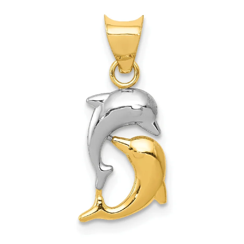 14KT Yellow Gold With Rhodium Plating Diamond-cut Dolphin Pendant. Chain Not Included