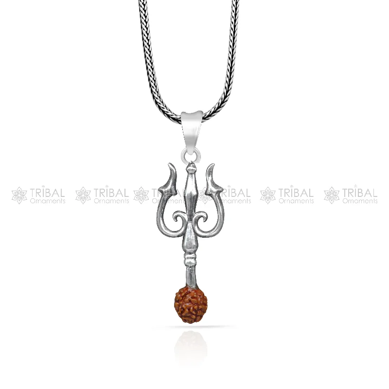 925 Sterling silver handmade Trishul with rudraksha (trident) pendant,nsp858