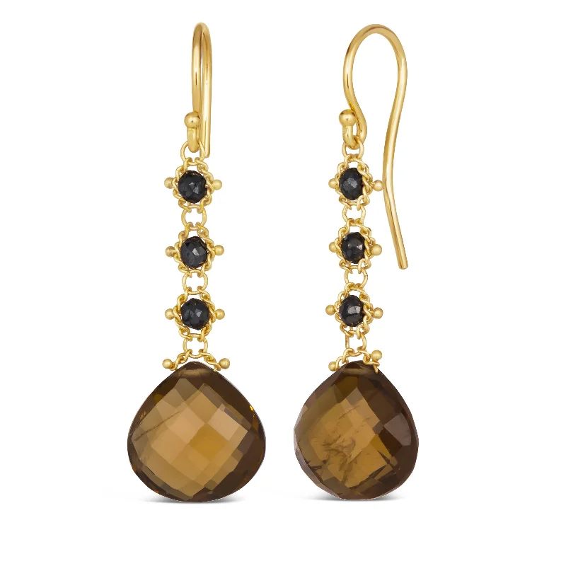 Woven Cognac Quartz and Black Diamond Drop Earrings