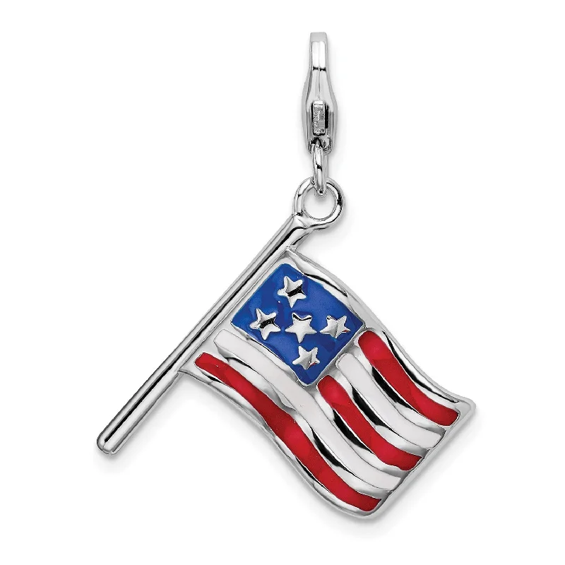 Sterling Silver 41X16MM Three Dimensional Enamel Reversible Lobster Clasp American Flag Charm