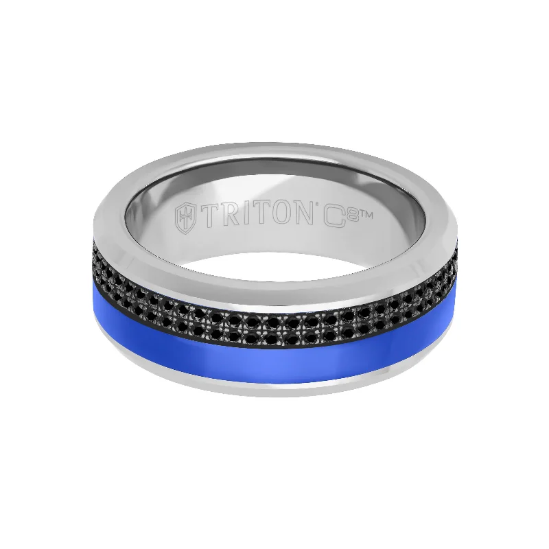 8MM Tungsten Carbide Ring - Asymmetrical Ceramic C8 Channel with Double Row Eternity Black Sapphires and Beveled Edge