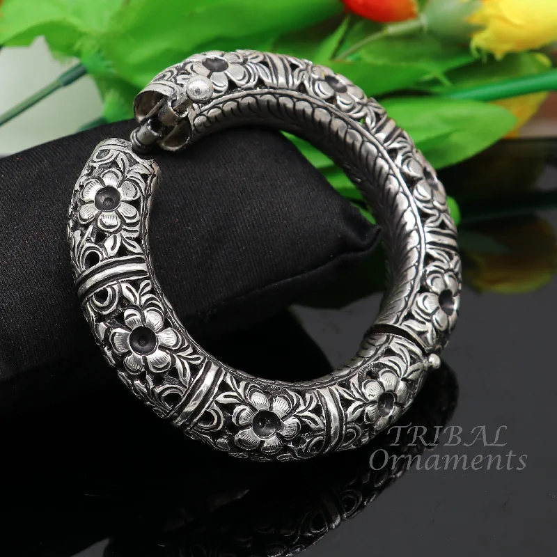 925 sterling silver handmade fabulous flower work vintage design bangle bracelet, excellent traditional style wedding jewelry nba156