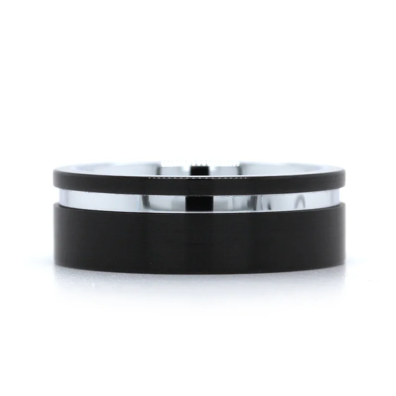 Black Tungsten with White Tungsten Stripe Band