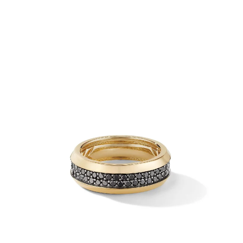 Beveled Two Row Band Ring in 18K Yellow Gold with Pavé Black Diamonds