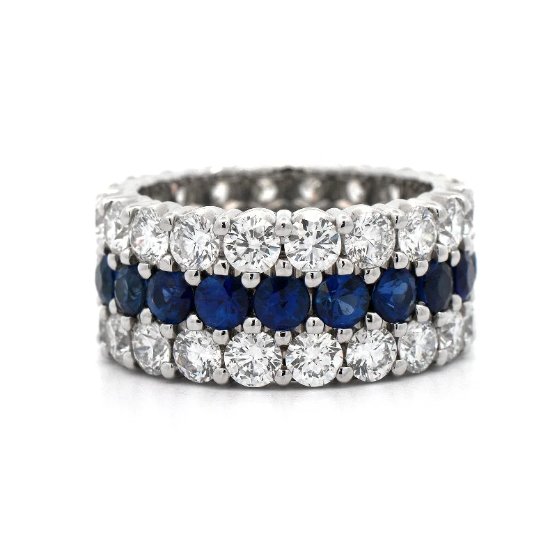 Platinum 3 Row Diamond and Sapphire Eternity Band