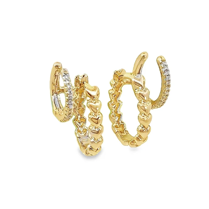 Shy Creation Yellow Gold Diamond Double Heart Huggie Earrings