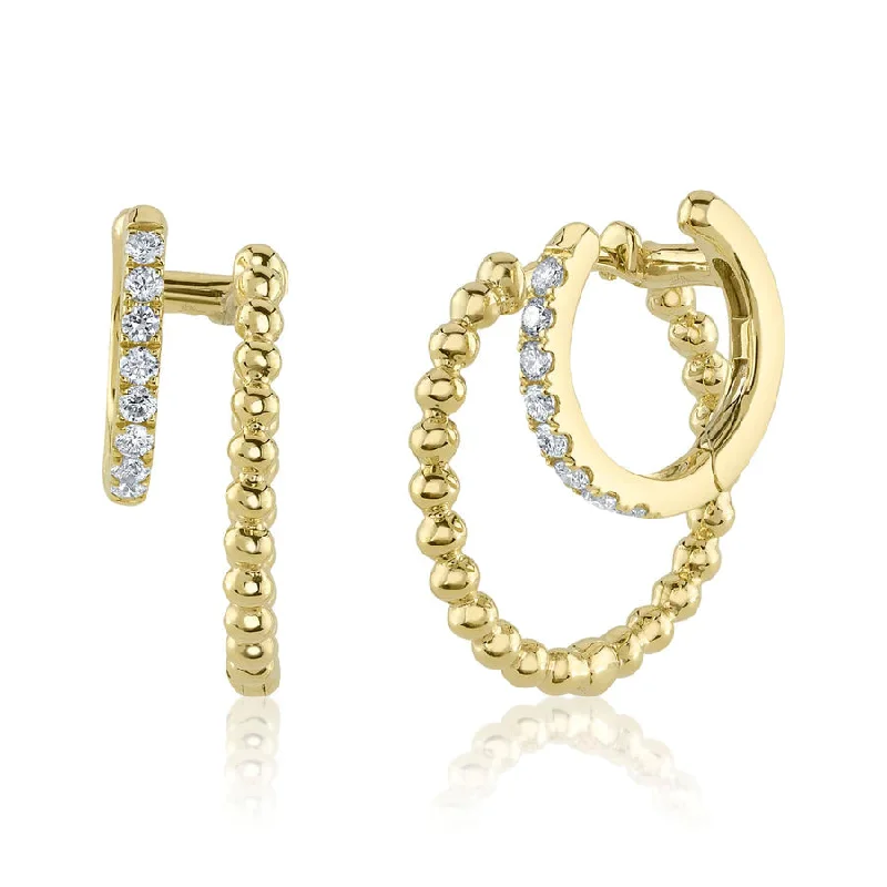 Shy Creation Yellow Gold Diamond Double Hoop Huggie Earrings