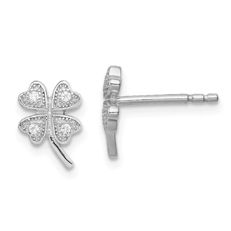 Sterling Silver Cubic Zirconia 10X7MM Stud 4-Leaf Clover Earrings