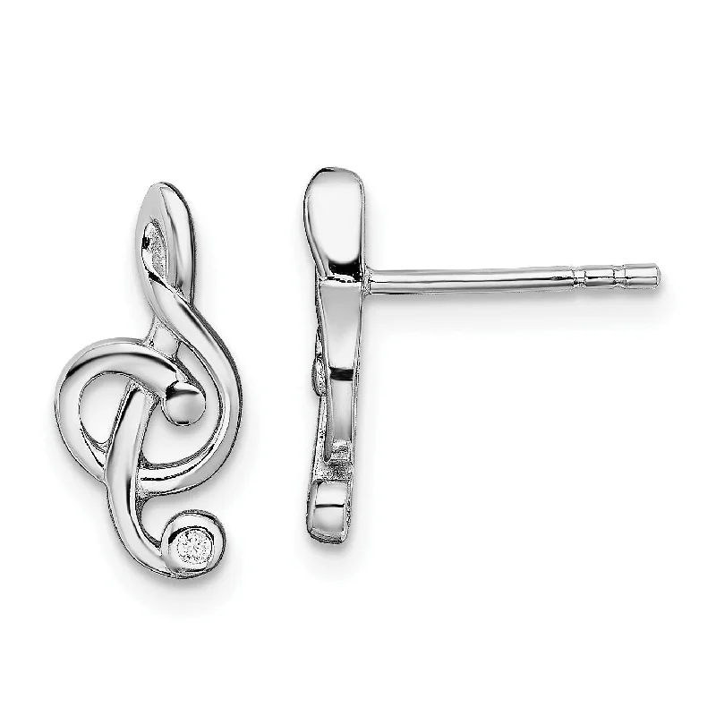 Sterling Silver Cubic Zirconia 14X7MM Stud Treble Clef Earrings