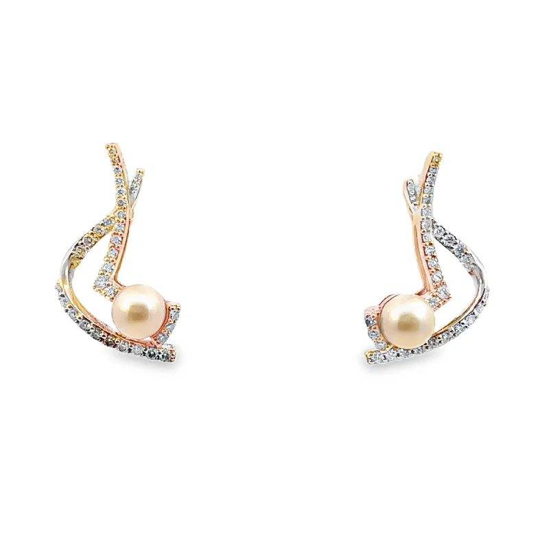 Yellow and White Gold Pearl and Diamond Fashion Earrings