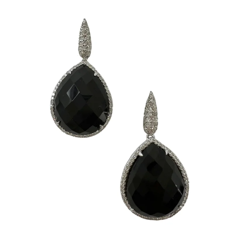 14K White Gold Drop Earrings with Teardrop Shaped Onyx and Diamonds