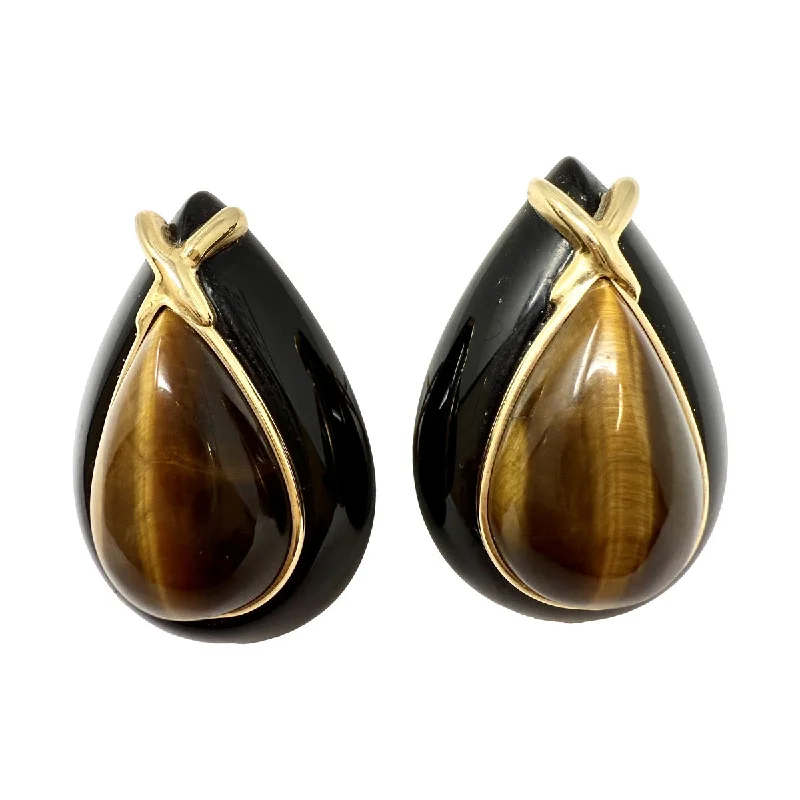 Teardrop Shaped Onyx Earrings with Tiger Eye and 14K Gold Accent