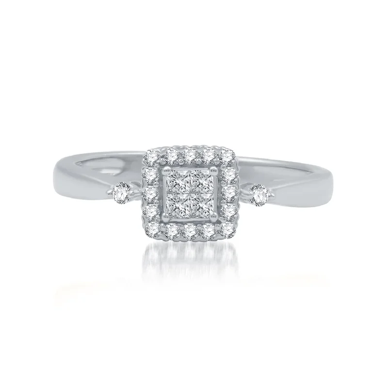 1/4 CTW Diamond Halo Promise Ring in Rhodium Plated Sterling Silver