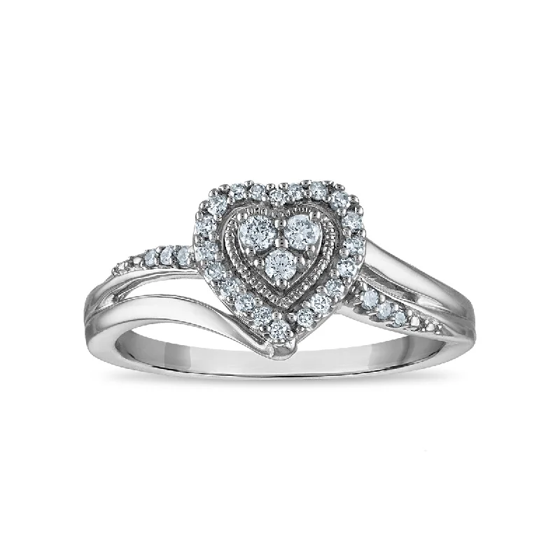 1/5 CTW Diamond Heart Promise Ring in Rhodium Plated Sterling Silver