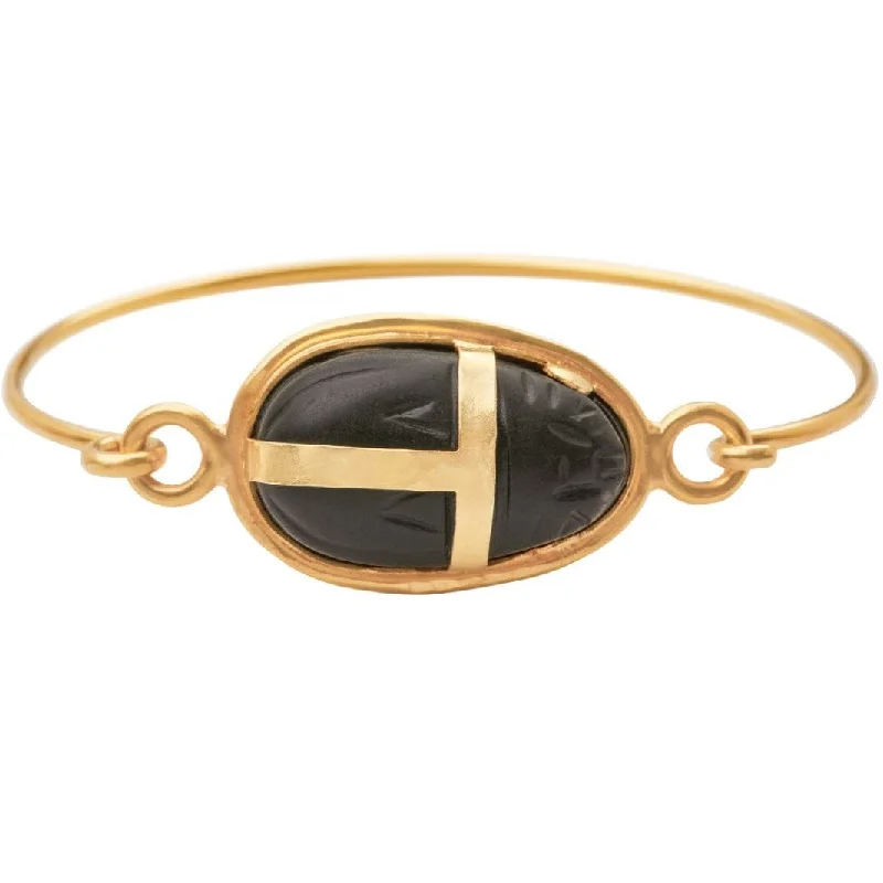 14K Yellow Gold Black Agate Scarab Cuff Bracelet