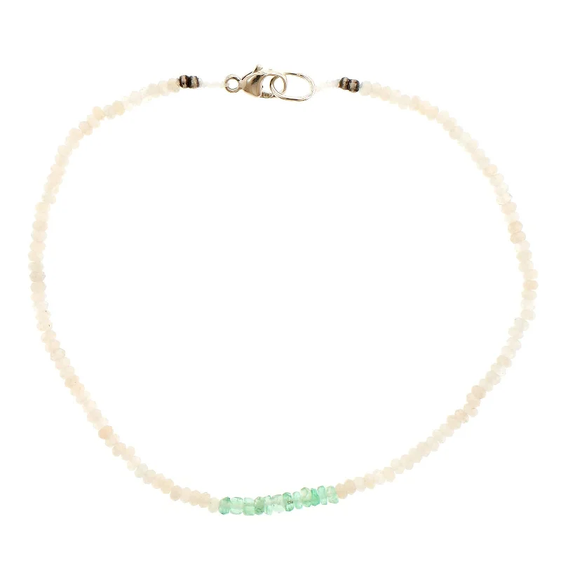 Sterling Silver Rainbow Moonstone & Emerald Beaded Bracelet